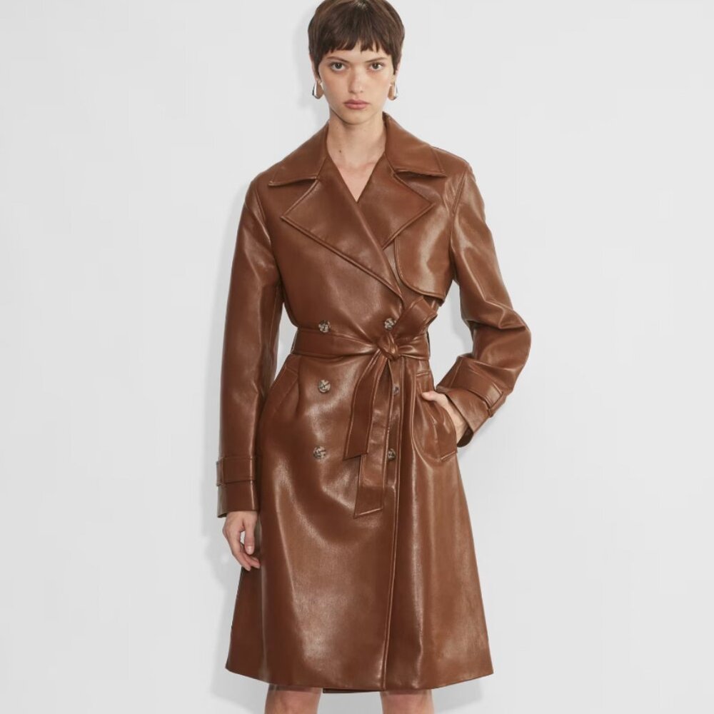 NEW Aritzia Babaton New Tabloid Vegan Leather Trench Coat in Cognac Brown